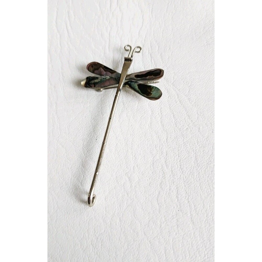 Mexican Abalone Dragonfly Brooch Pin Alpaca Silver Vintage 3"